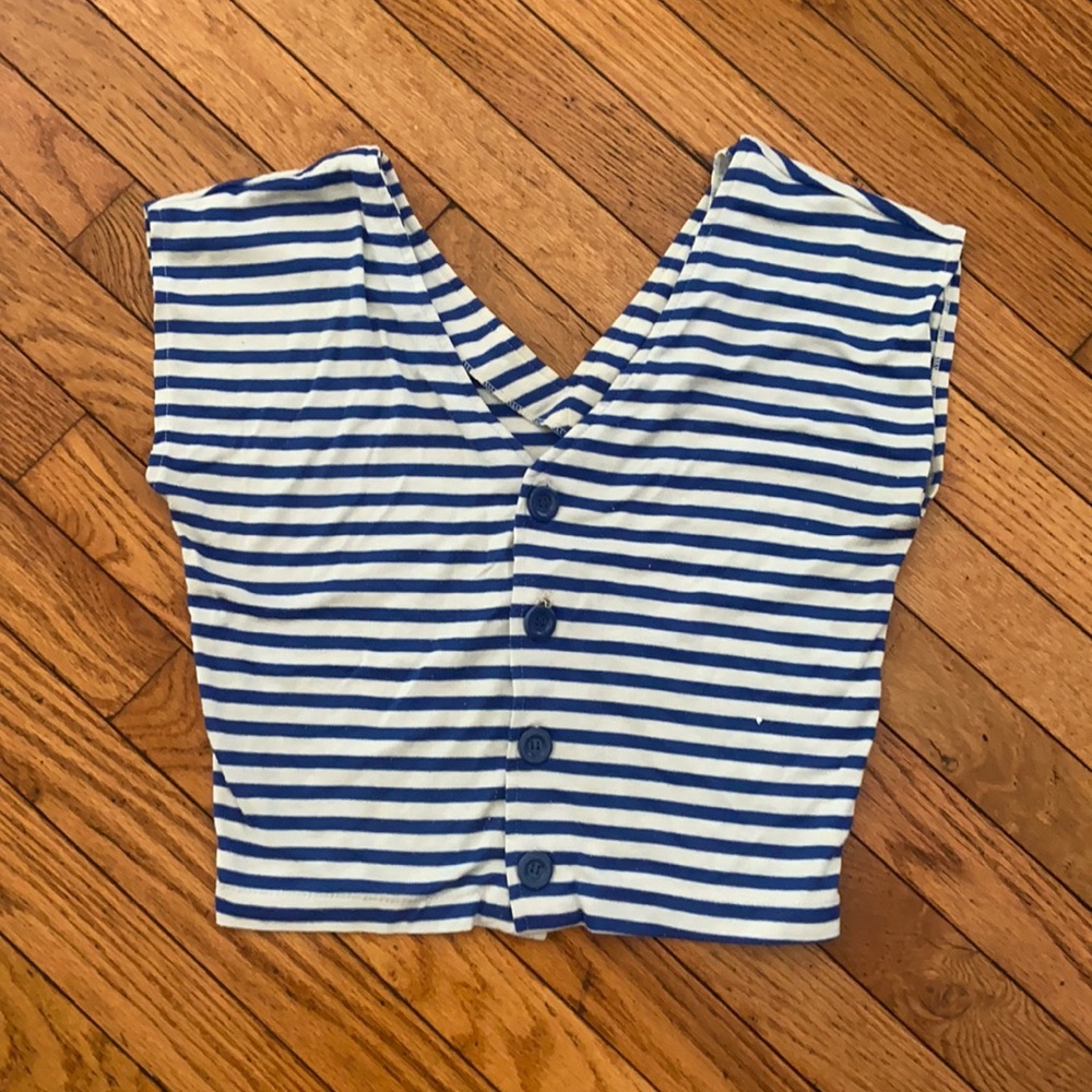 80s Stripe Double V Neck Back Button Crop Size Med
